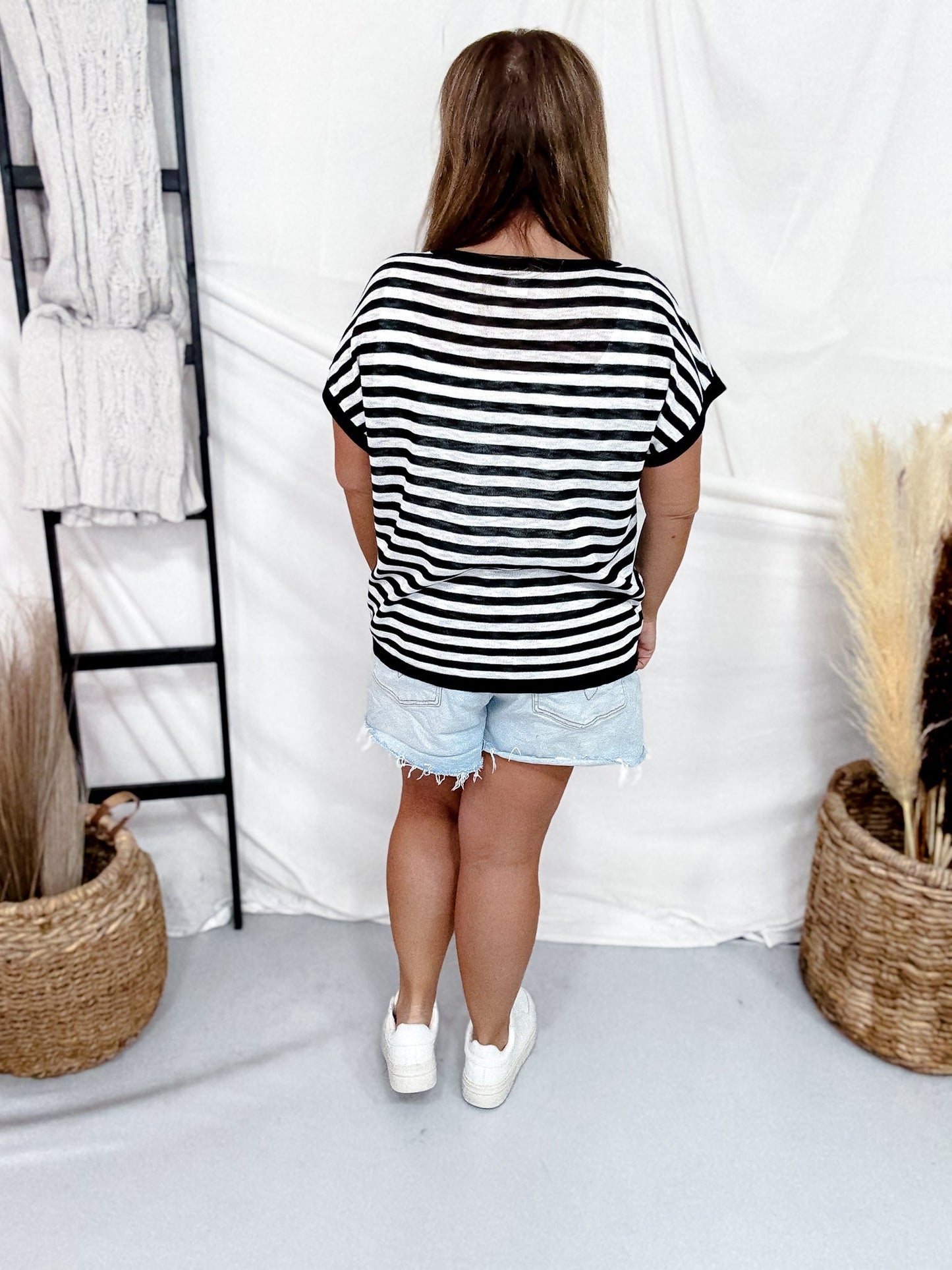 Black & White Striped Short Sleeve Top With Rhinestone Accents - Whiskey Skies - SEW IN LOVE