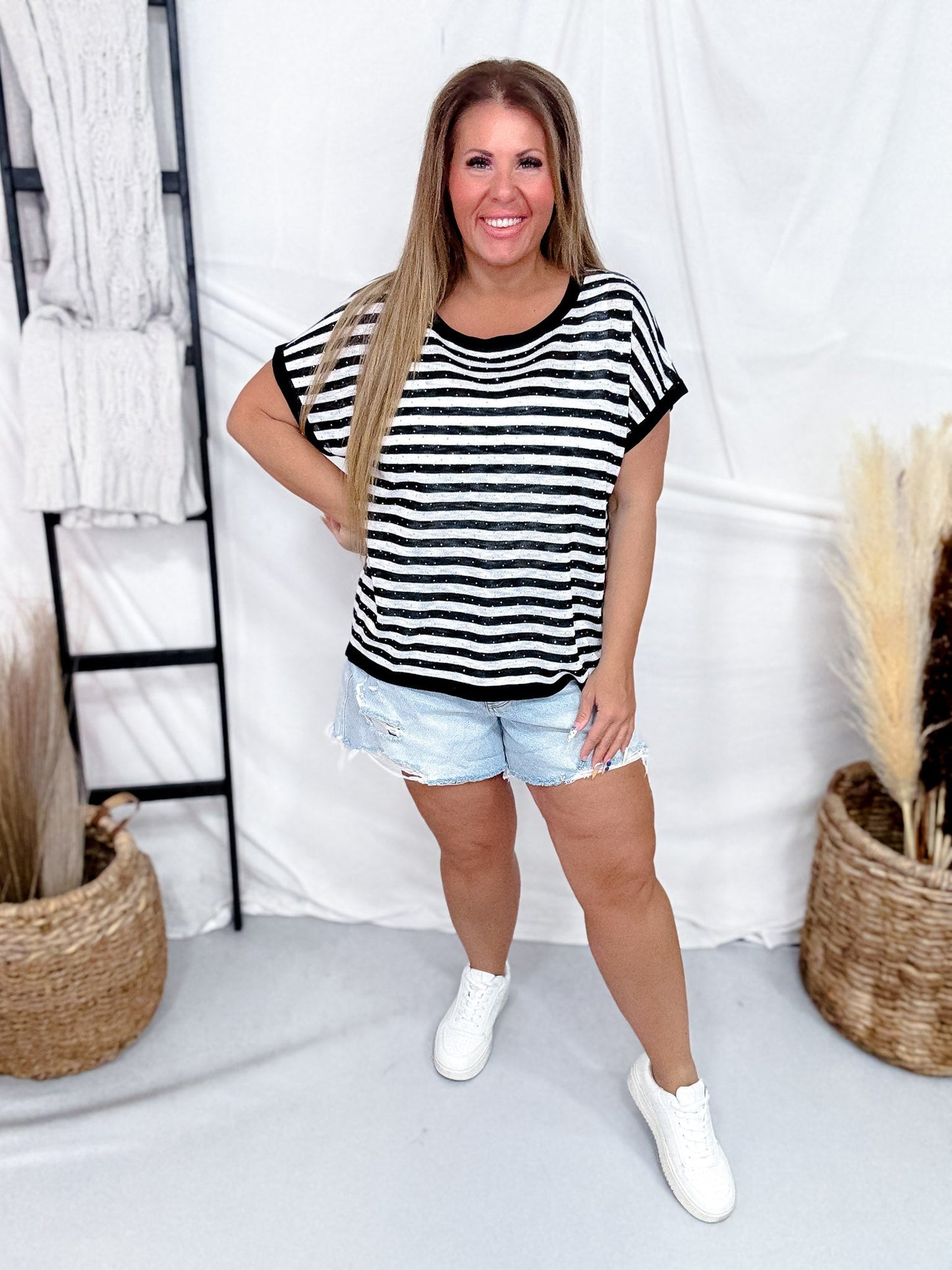 Black & White Striped Short Sleeve Top With Rhinestone Accents - Whiskey Skies - SEW IN LOVE