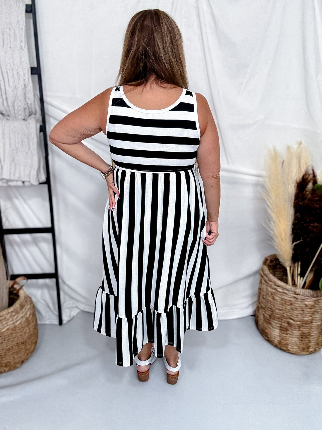 Black & White Striped Tiered Sleeveless Dress - Whiskey Skies - WHITE BIRCH
