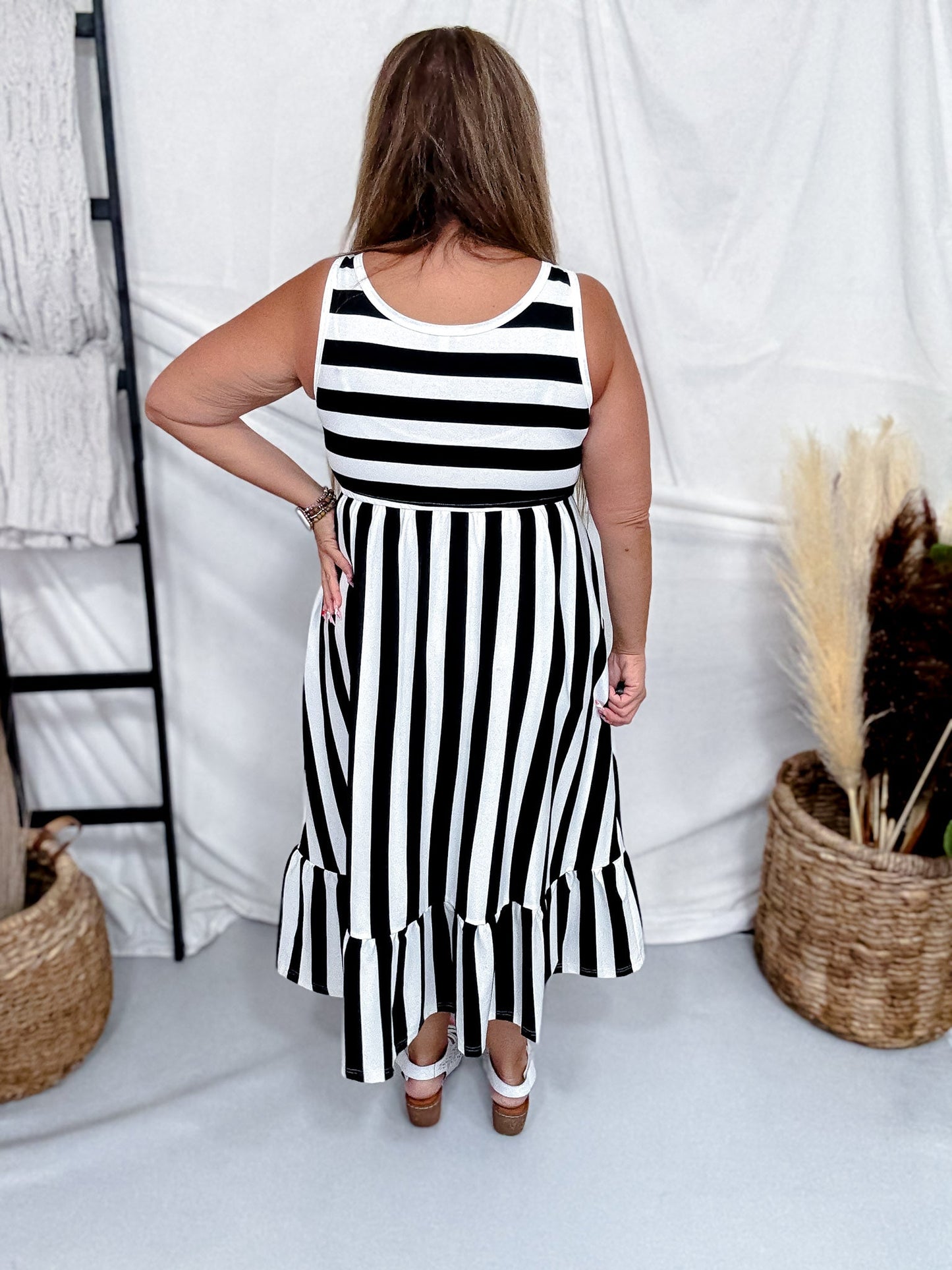 Black & White Striped Tiered Sleeveless Dress - Whiskey Skies - WHITE BIRCH