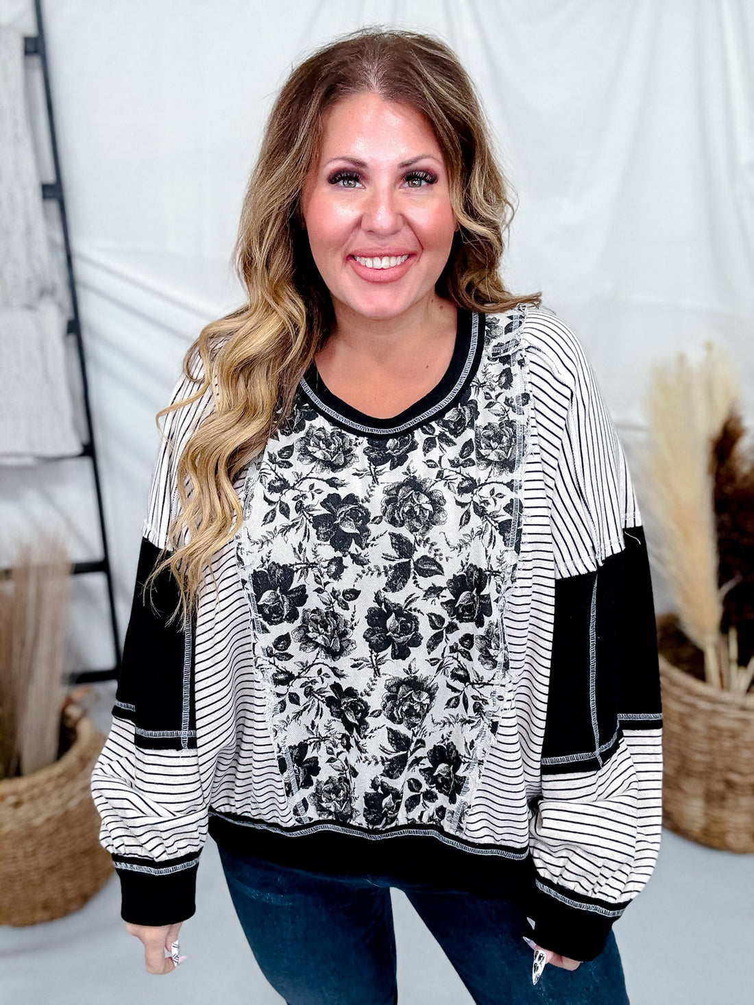 Black & White Striped Top With Rose Twill Print - Whiskey Skies - BIBI