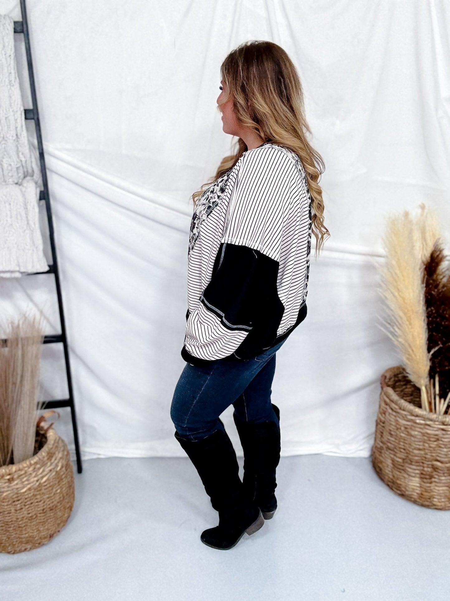 Black & White Striped Top With Rose Twill Print - Whiskey Skies - BIBI