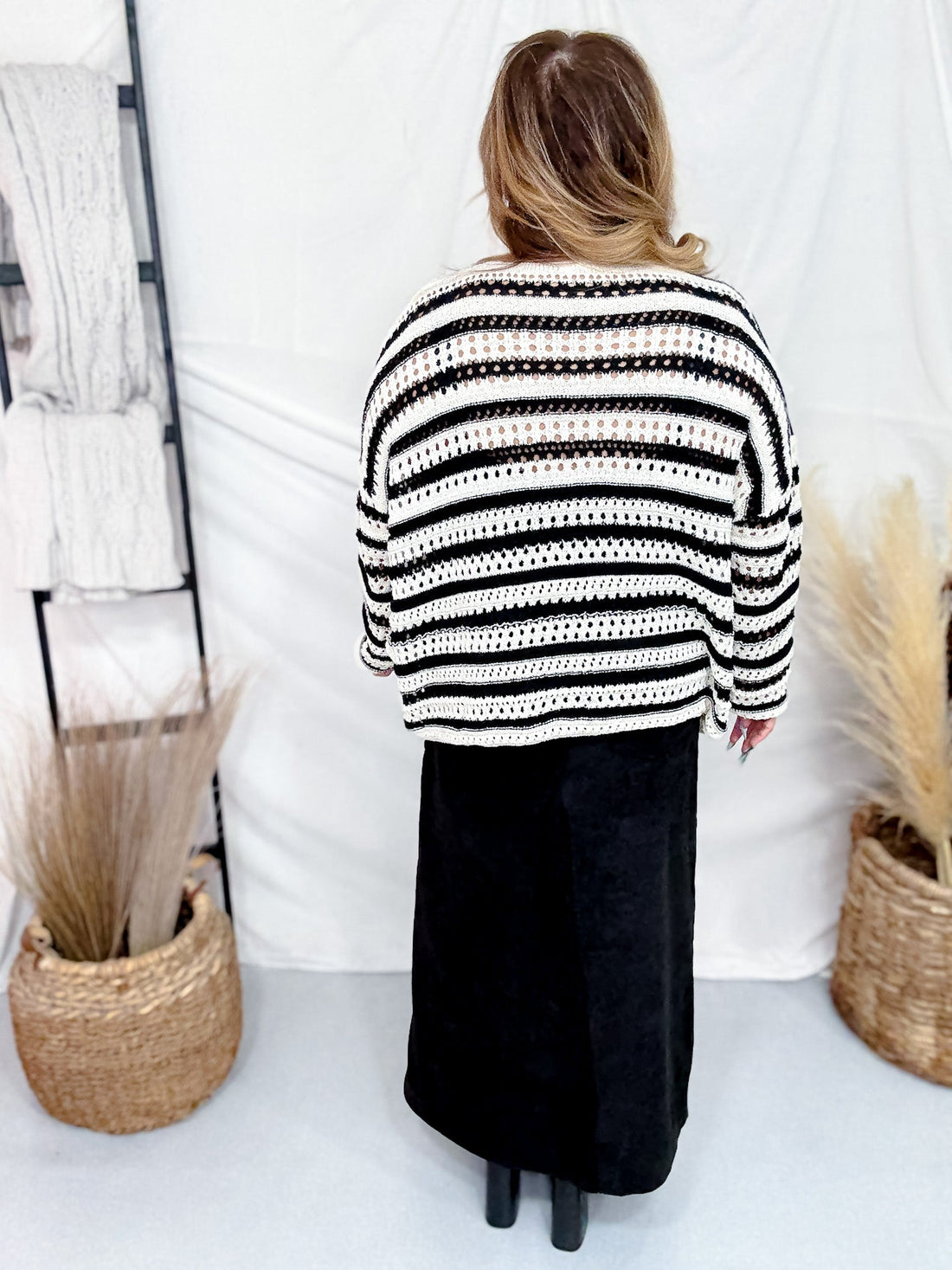 Black & White Stripes & Checkered Crocheted Long Sleeve Top - Whiskey Skies - JADE BY JANE