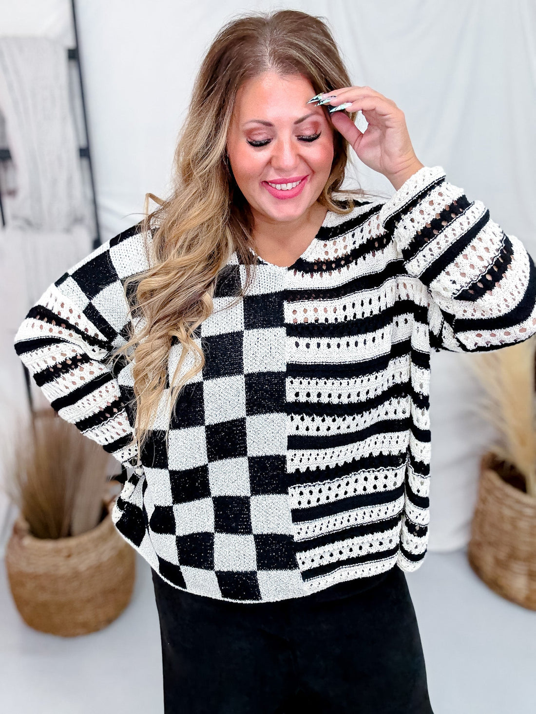 Black & White Stripes & Checkered Crocheted Long Sleeve Top - Whiskey Skies - JADE BY JANE