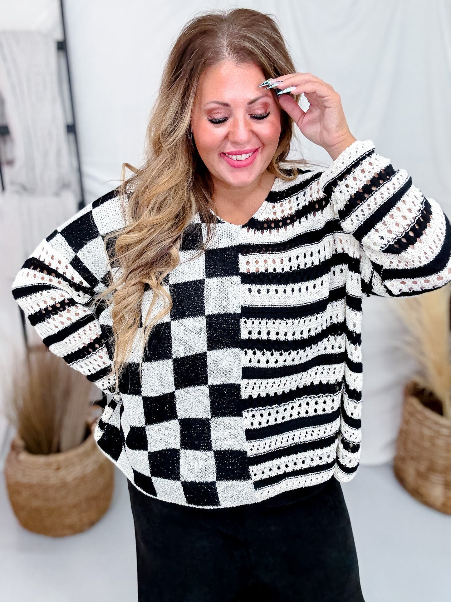 Black & White Stripes & Checkered Crocheted Long Sleeve Top - Whiskey Skies - JADE BY JANE