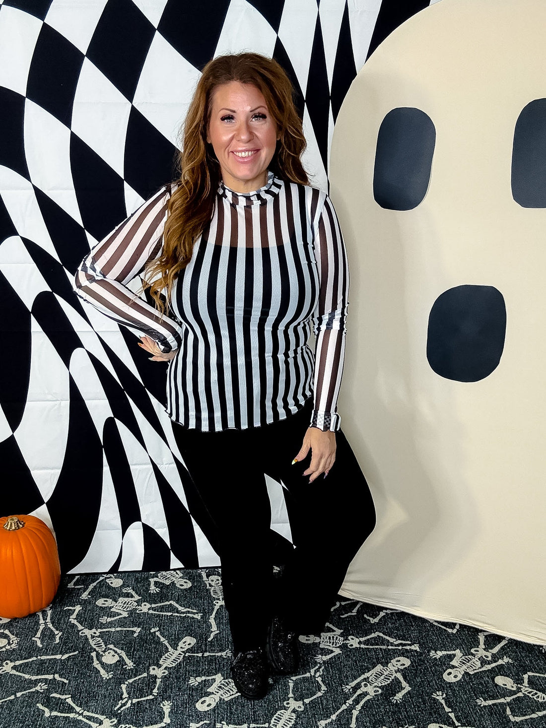 Black & White Vertical Striped Long Sleeve Mesh Top - Whiskey Skies - JESS LEA