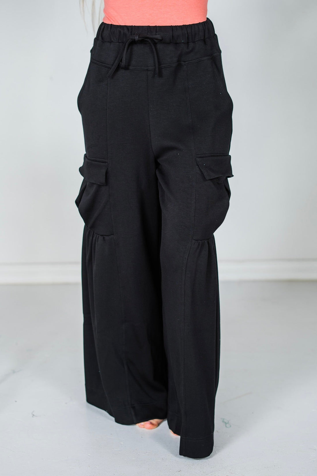 Black Wide Leg Cargo Pocket Pull - On Pants - Whiskey Skies - DAVI & DANI