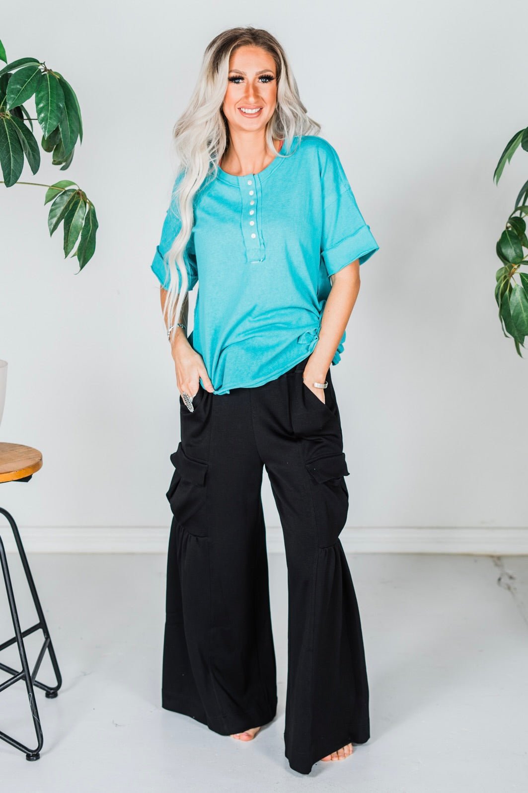 Black Wide Leg Cargo Pocket Pull - On Pants - Whiskey Skies - DAVI & DANI