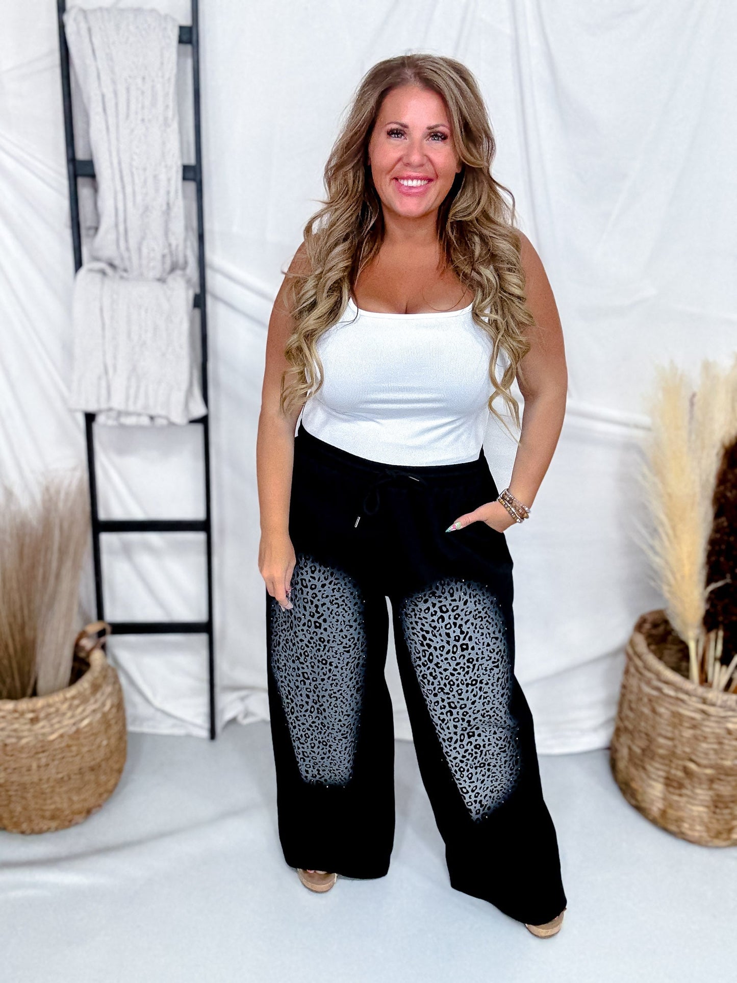 Black Wide Leg Lounge Pants With Leopard Fade & Rhinestones - Whiskey Skies - DAVI & DANI
