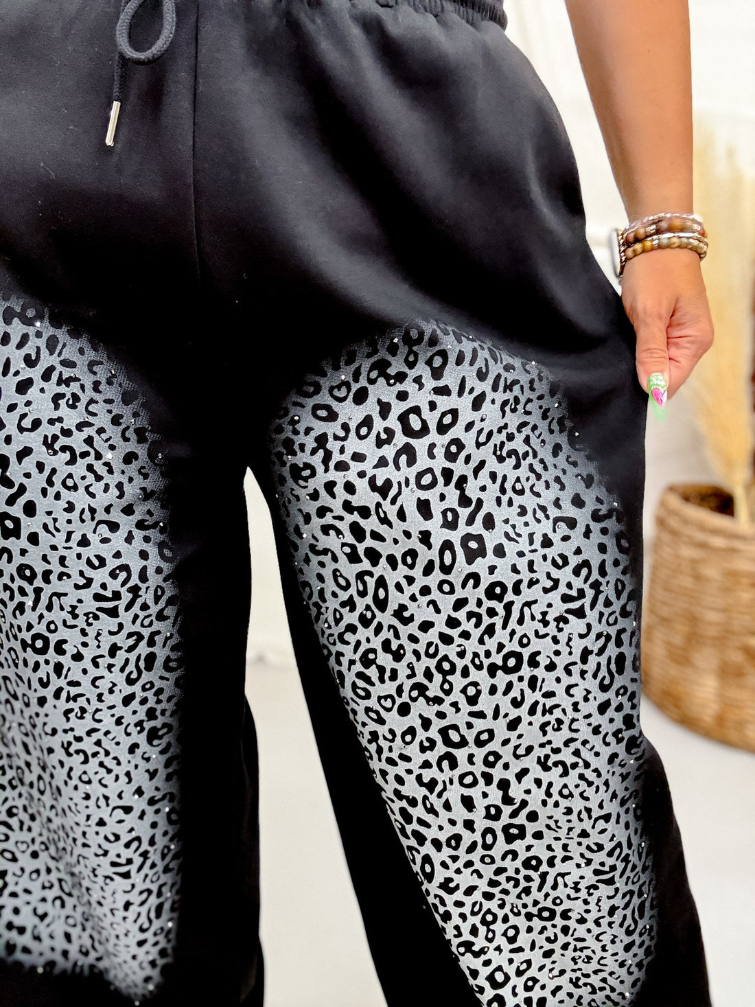 Black Wide Leg Lounge Pants With Leopard Fade & Rhinestones - Whiskey Skies - DAVI & DANI