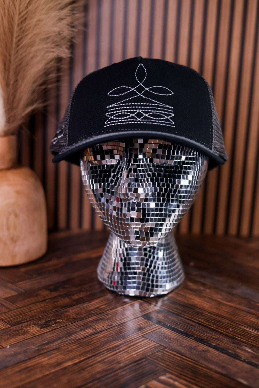 Black Wrangler Boot Stitch Snapback Trucker Hat - Whiskey Skies - CAPX