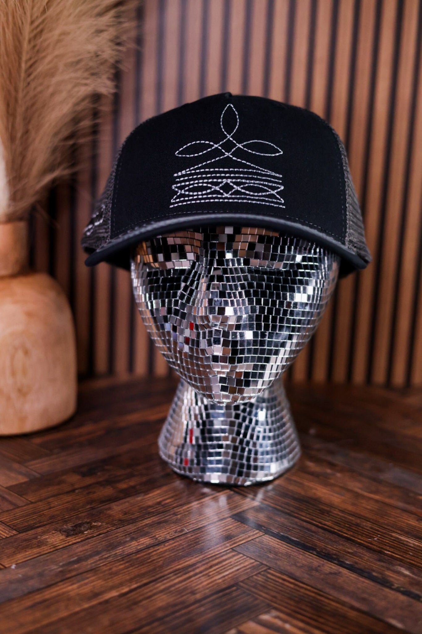 Black Wrangler Boot Stitch Snapback Trucker Hat - Whiskey Skies - CAPX