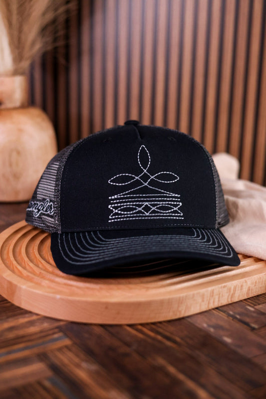 Black Wrangler Boot Stitch Snapback Trucker Hat - Whiskey Skies - CAPX