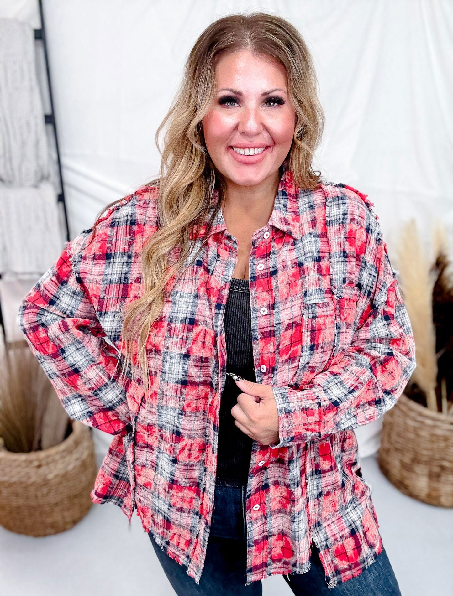Bleach Distressed Red Plaid Hi - Lo Flannel - Whiskey Skies - WHITE BIRCH