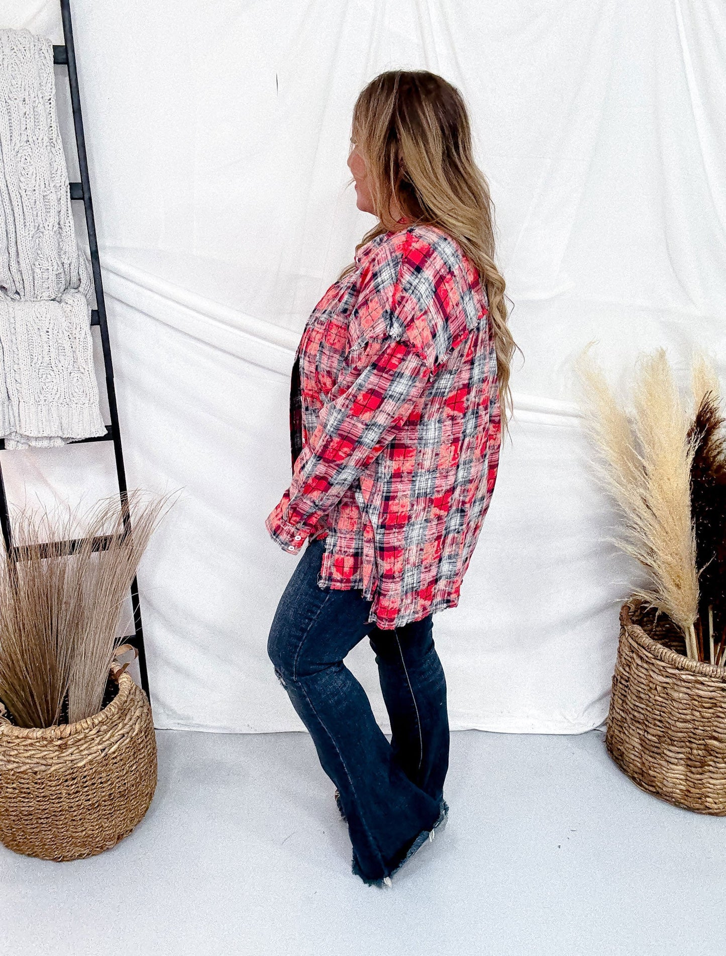 Bleach Distressed Red Plaid Hi - Lo Flannel - Whiskey Skies - WHITE BIRCH