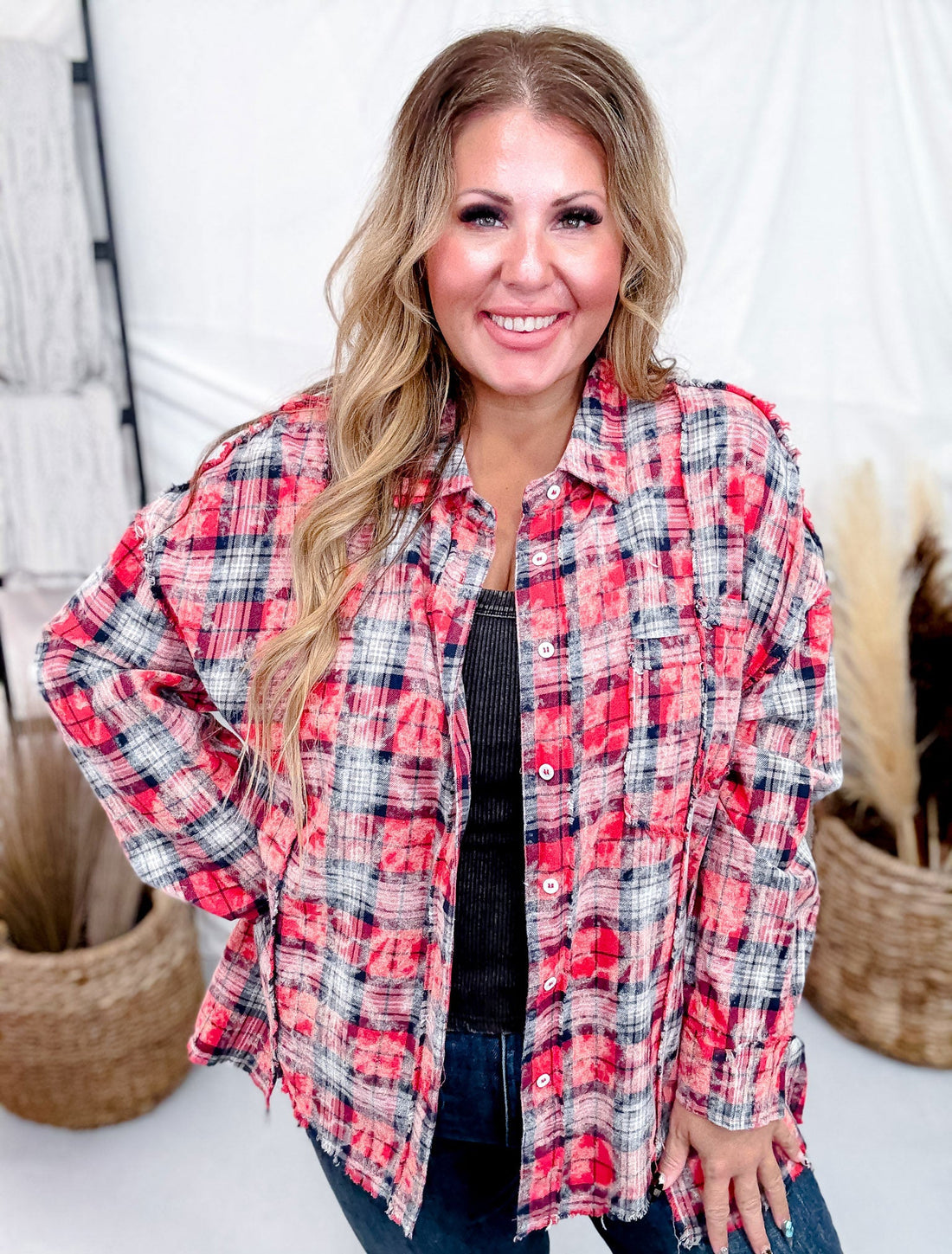 Bleach Distressed Red Plaid Hi - Lo Flannel - Whiskey Skies - WHITE BIRCH