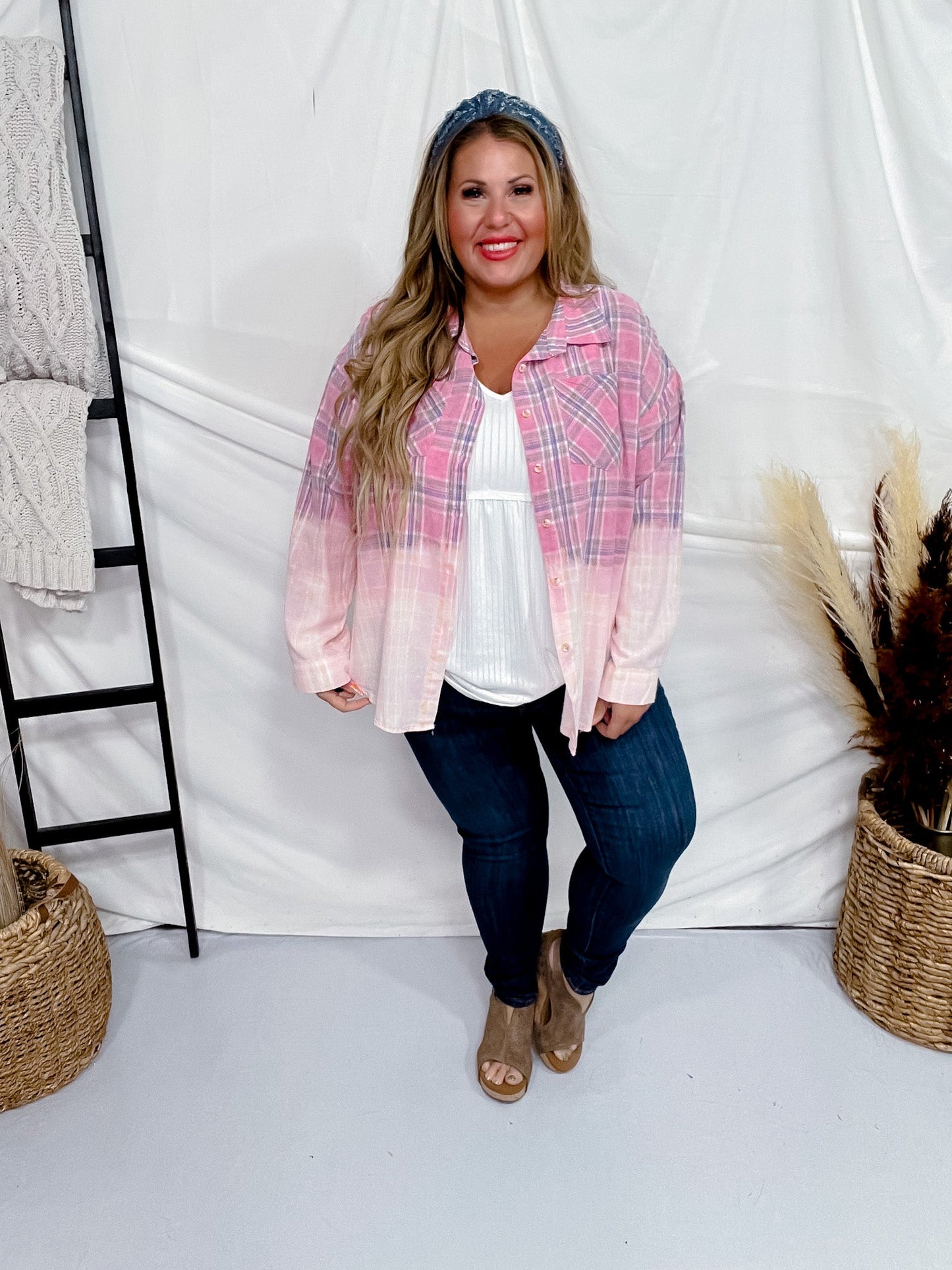 Bleach Washed Pink Plaid Button Down Shirt - Whiskey Skies - BIBI