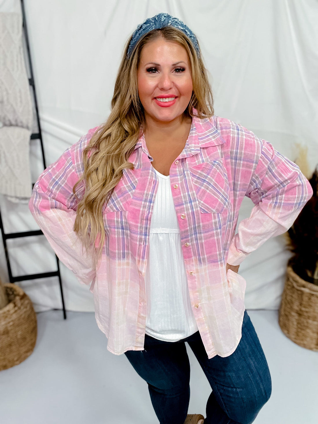 Bleach Washed Pink Plaid Button Down Shirt - Whiskey Skies - BIBI