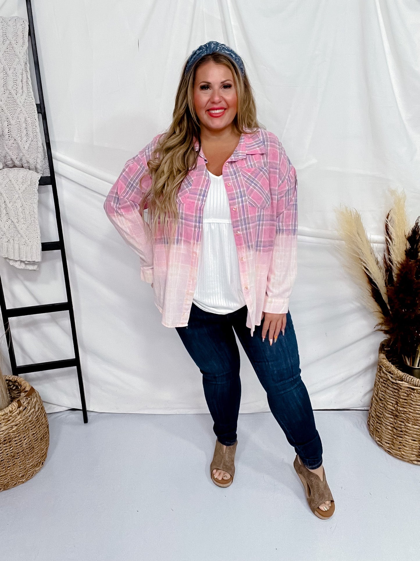 Bleach Washed Pink Plaid Button Down Shirt - Whiskey Skies - BIBI