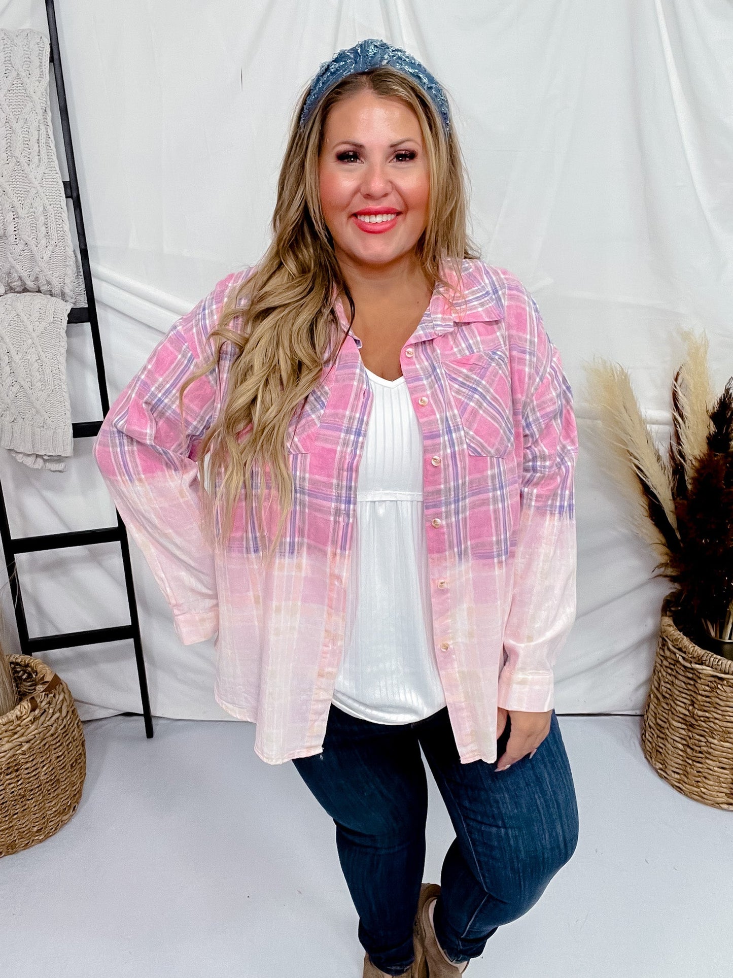 Bleach Washed Pink Plaid Button Down Shirt - Whiskey Skies - BIBI