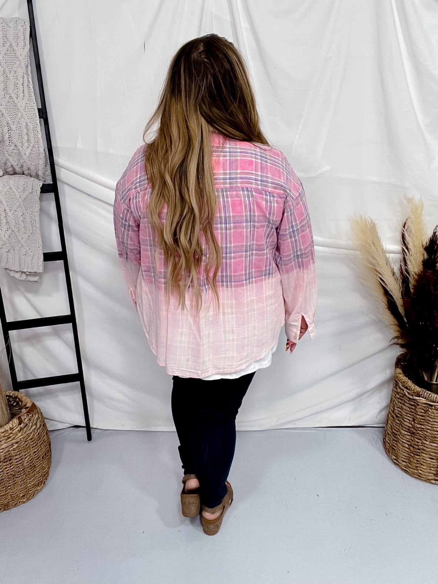 Bleach Washed Pink Plaid Button Down Shirt - Whiskey Skies - BIBI