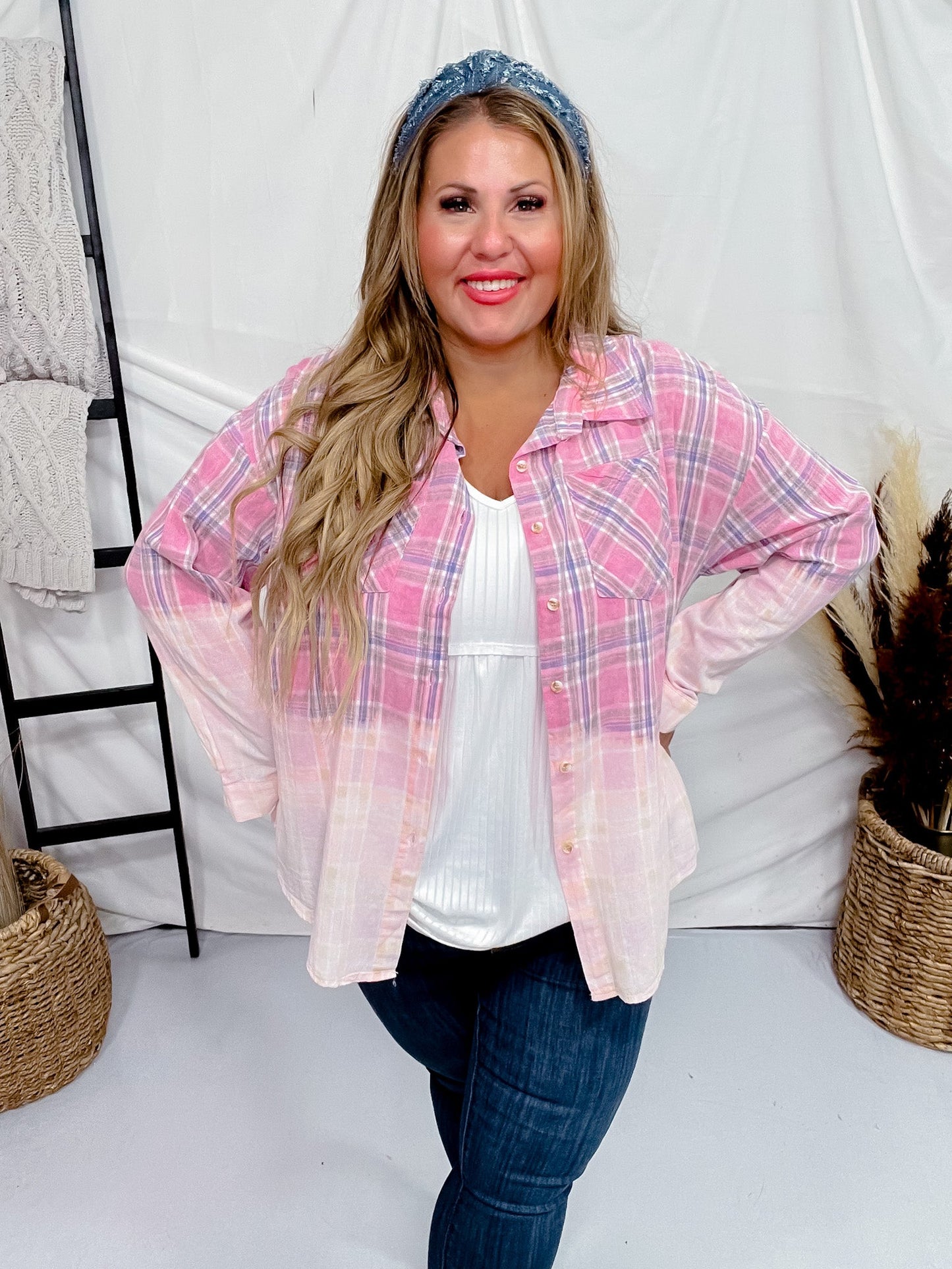 Bleach Washed Pink Plaid Button Down Shirt - Whiskey Skies - BIBI