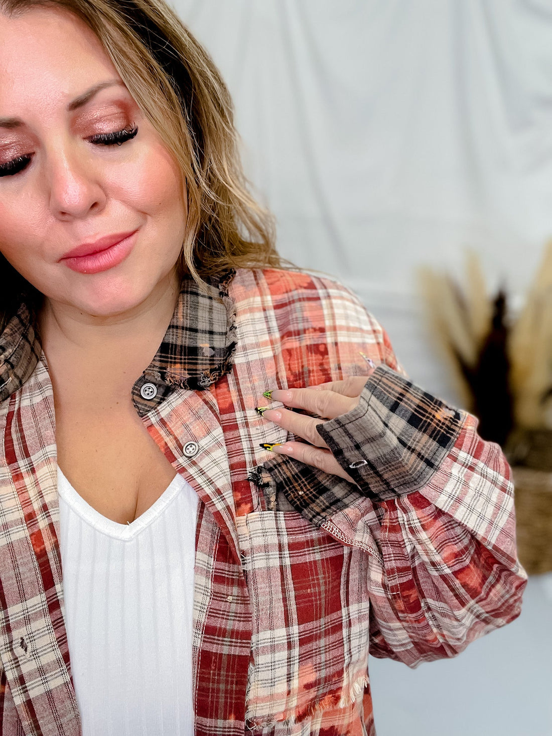 Bleach Washed Red Plaid Button Down Shirt - Whiskey Skies - ODDI