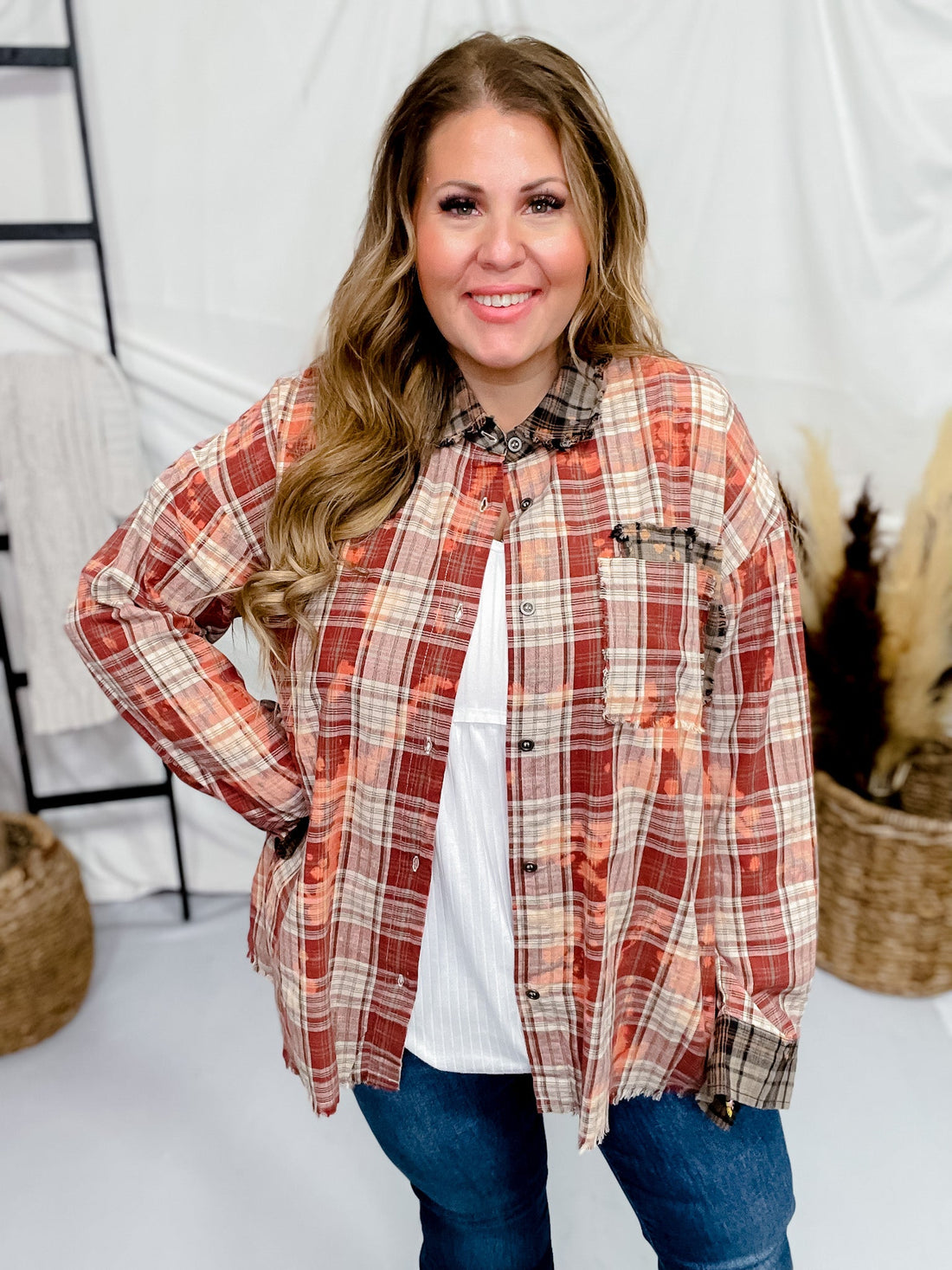 Bleach Washed Red Plaid Button Down Shirt - Whiskey Skies - ODDI