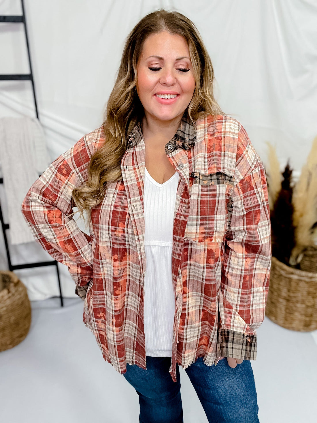 Bleach Washed Red Plaid Button Down Shirt - Whiskey Skies - ODDI