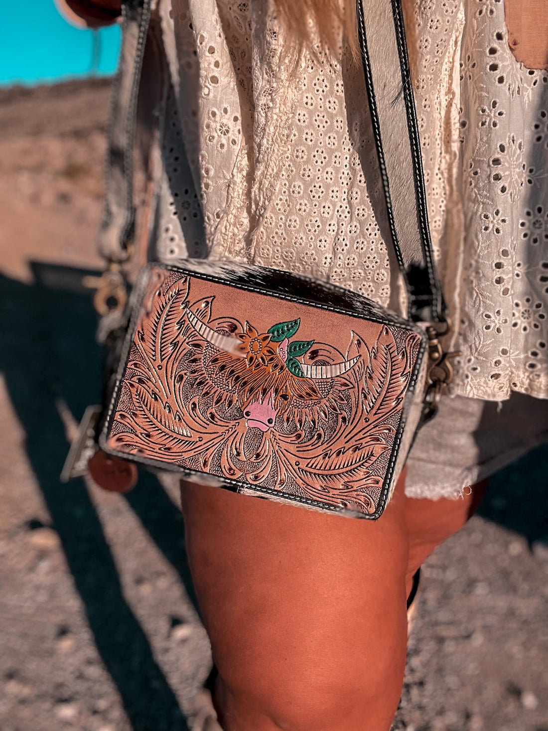 Bloomin' Steer Hand-Tooled Leather Bag - Whiskey Skies - KHEMCHAND HANDICRAFT