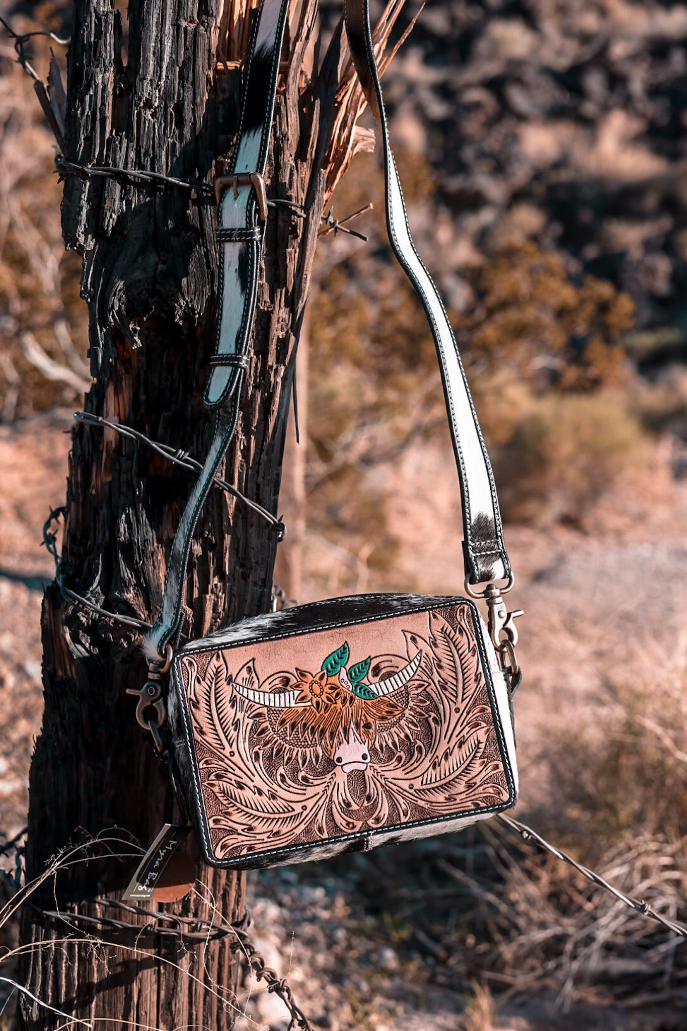 Bloomin' Steer Hand-Tooled Leather Bag - Whiskey Skies - KHEMCHAND HANDICRAFT