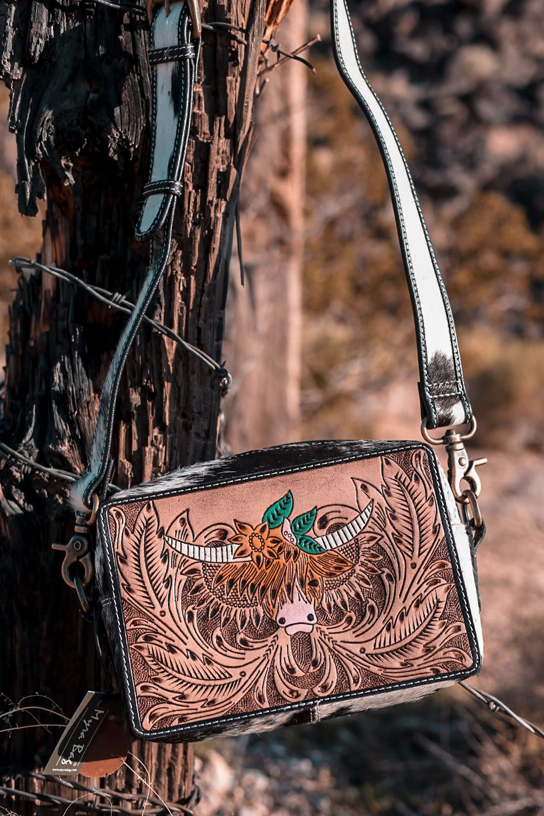 Bloomin' Steer Hand-Tooled Leather Bag - Whiskey Skies - KHEMCHAND HANDICRAFT