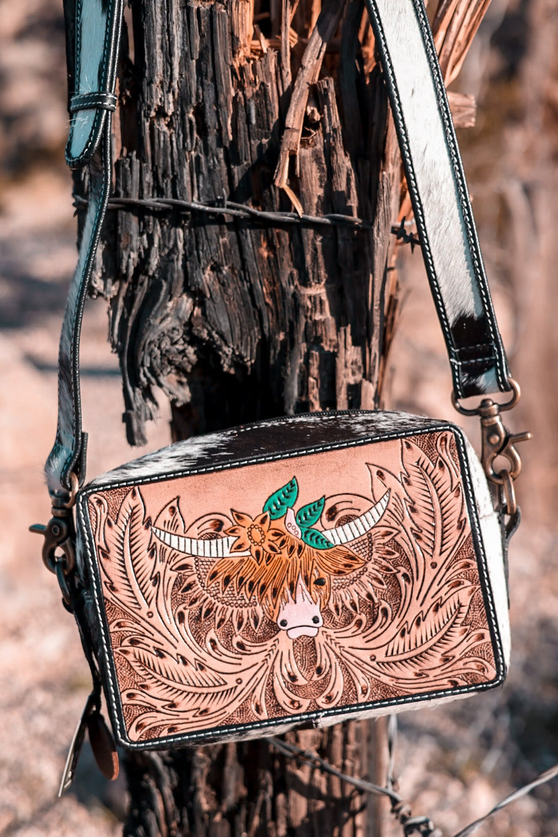 Bloomin' Steer Hand-Tooled Leather Bag - Whiskey Skies - KHEMCHAND HANDICRAFT