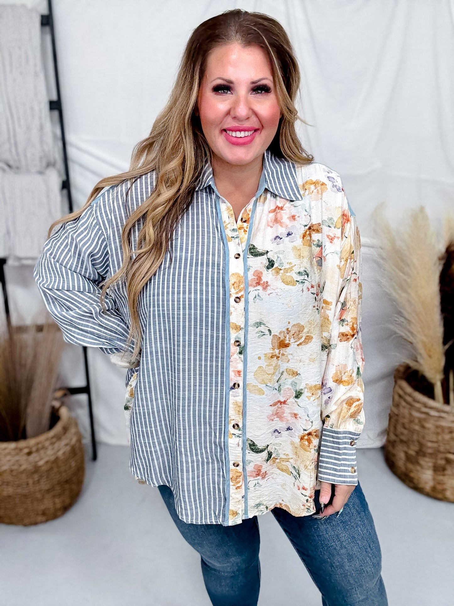 Blue and Ivory Mixed Print Button Down Shirt - Whiskey Skies - SEW IN LOVE