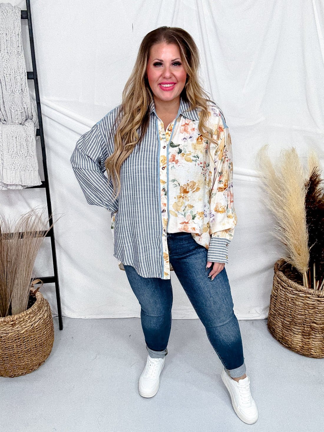 Blue and Ivory Mixed Print Button Down Shirt - Whiskey Skies - SEW IN LOVE