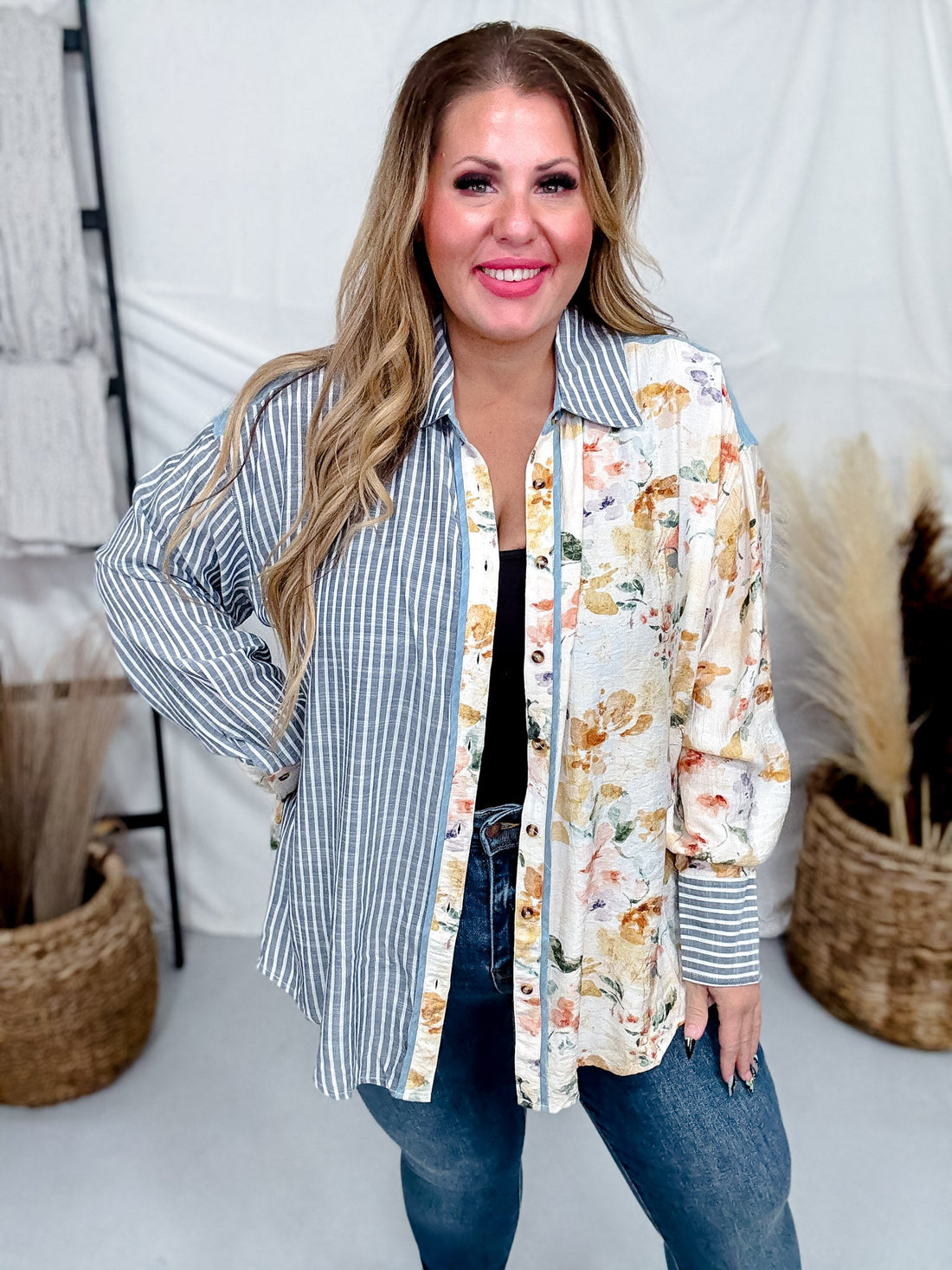 Blue and Ivory Mixed Print Button Down Shirt - Whiskey Skies - SEW IN LOVE
