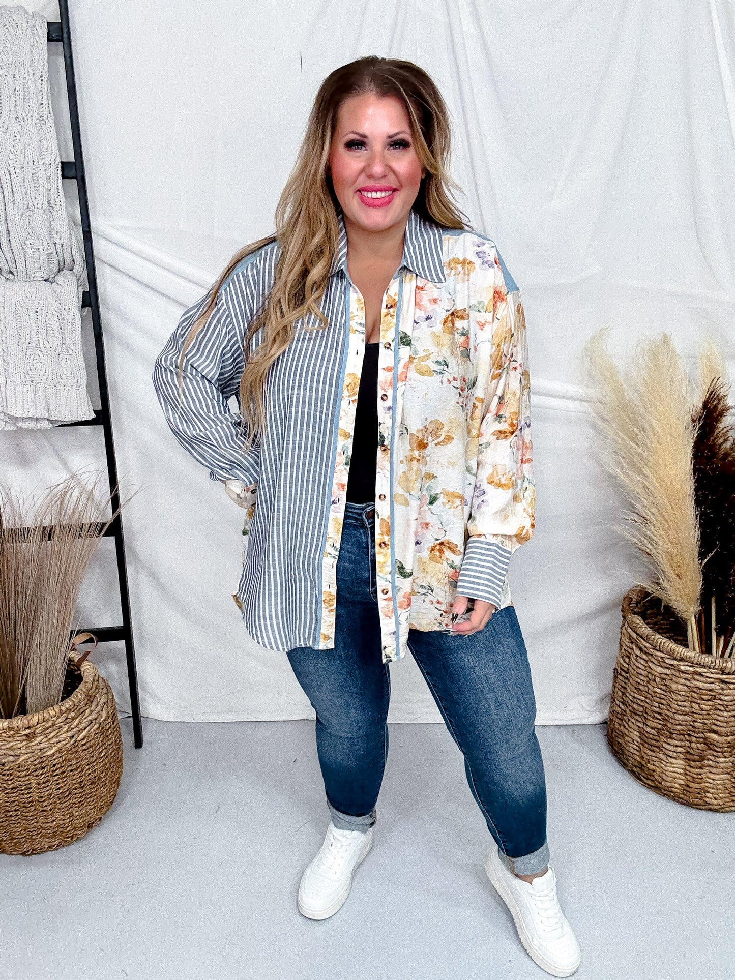 Blue and Ivory Mixed Print Button Down Shirt - Whiskey Skies - SEW IN LOVE