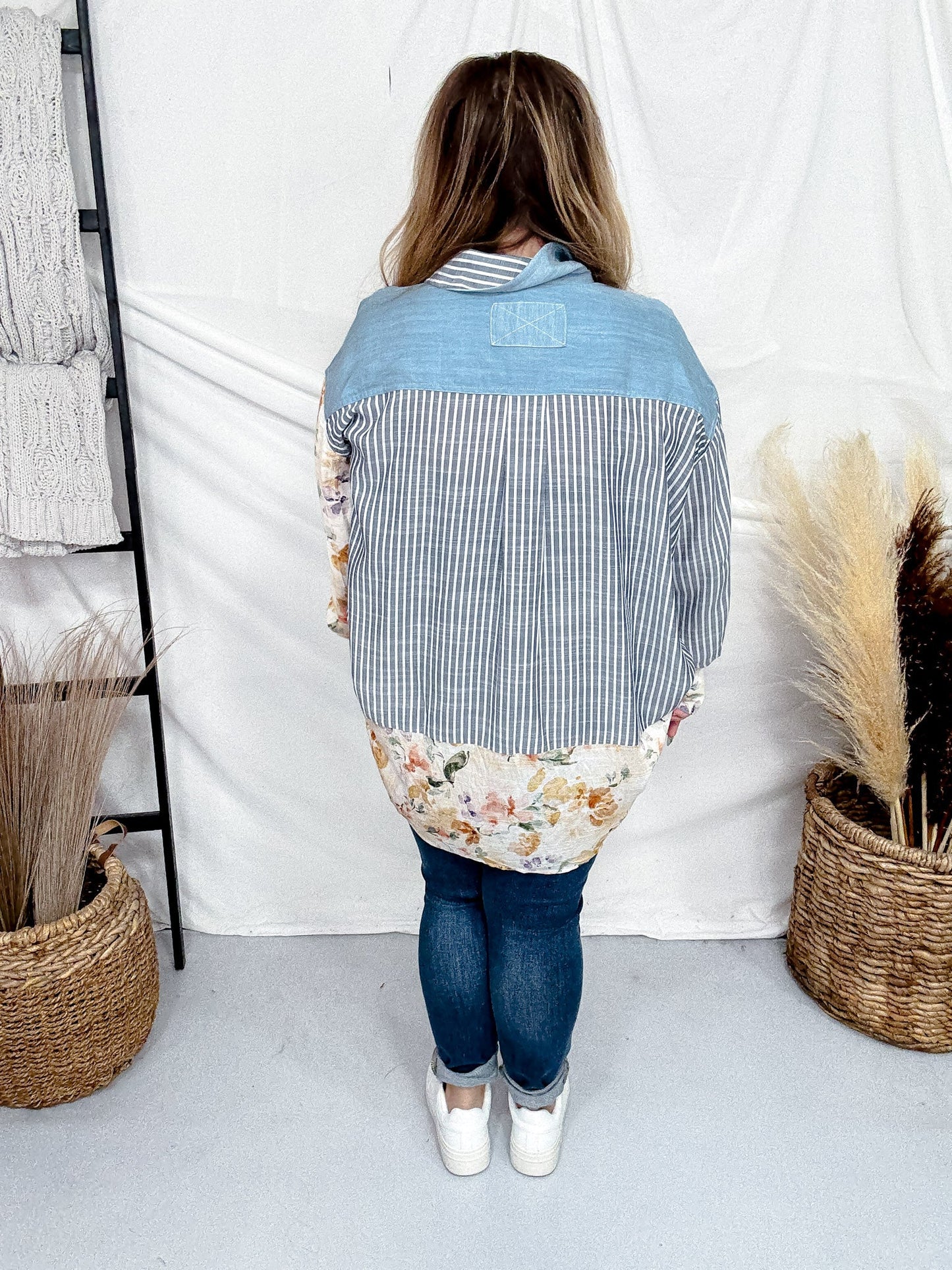 Blue and Ivory Mixed Print Button Down Shirt - Whiskey Skies - SEW IN LOVE