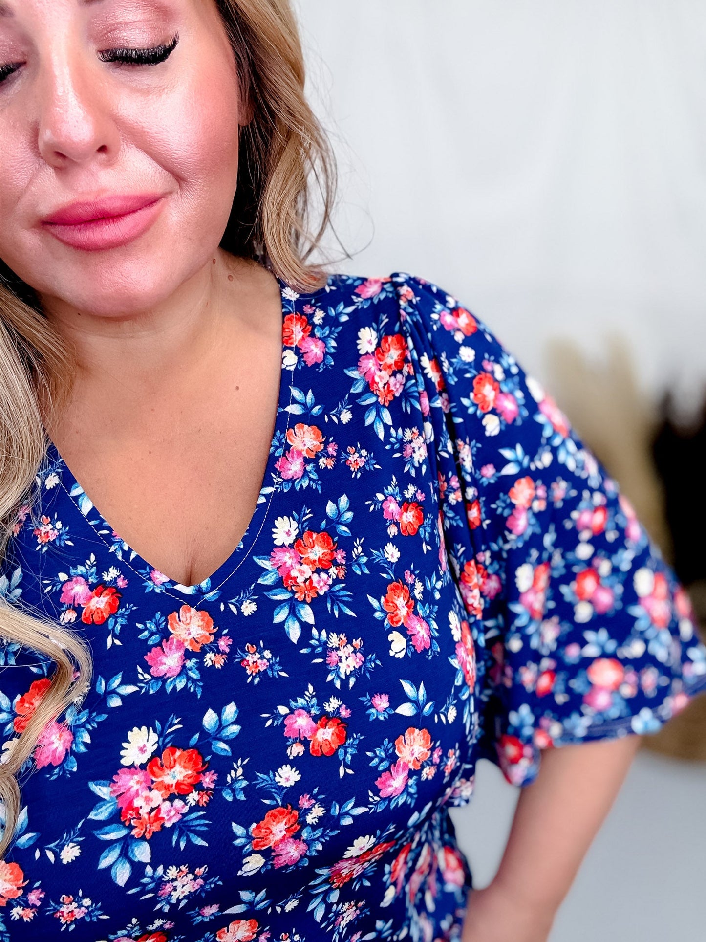 Blue and Orange Floral Top with Half Bell Sleeves - Whiskey Skies - DEAR SCARLETT