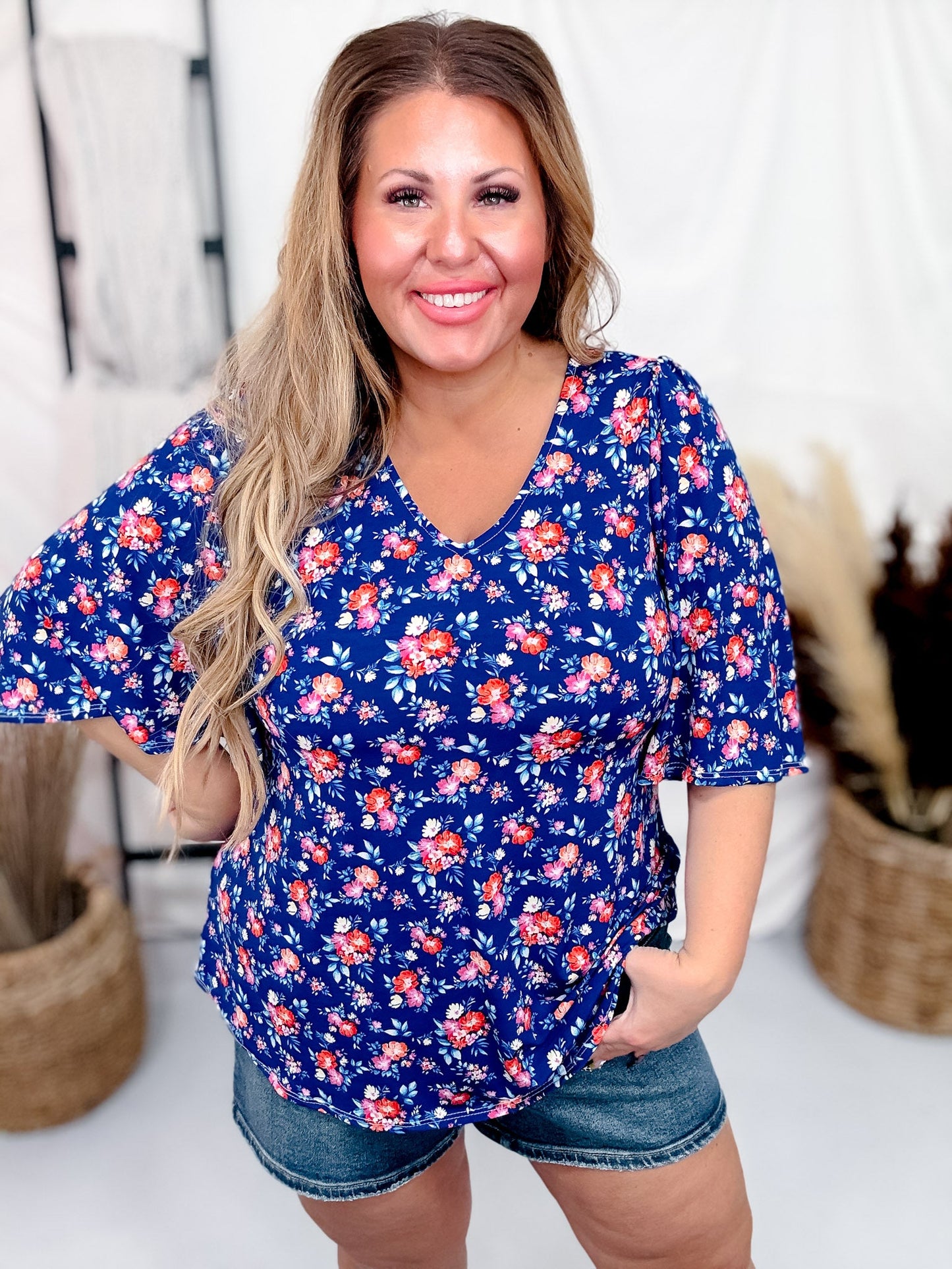 Blue and Orange Floral Top with Half Bell Sleeves - Whiskey Skies - DEAR SCARLETT