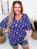 Blue and Orange Floral Top with Half Bell Sleeves - Whiskey Skies - DEAR SCARLETT