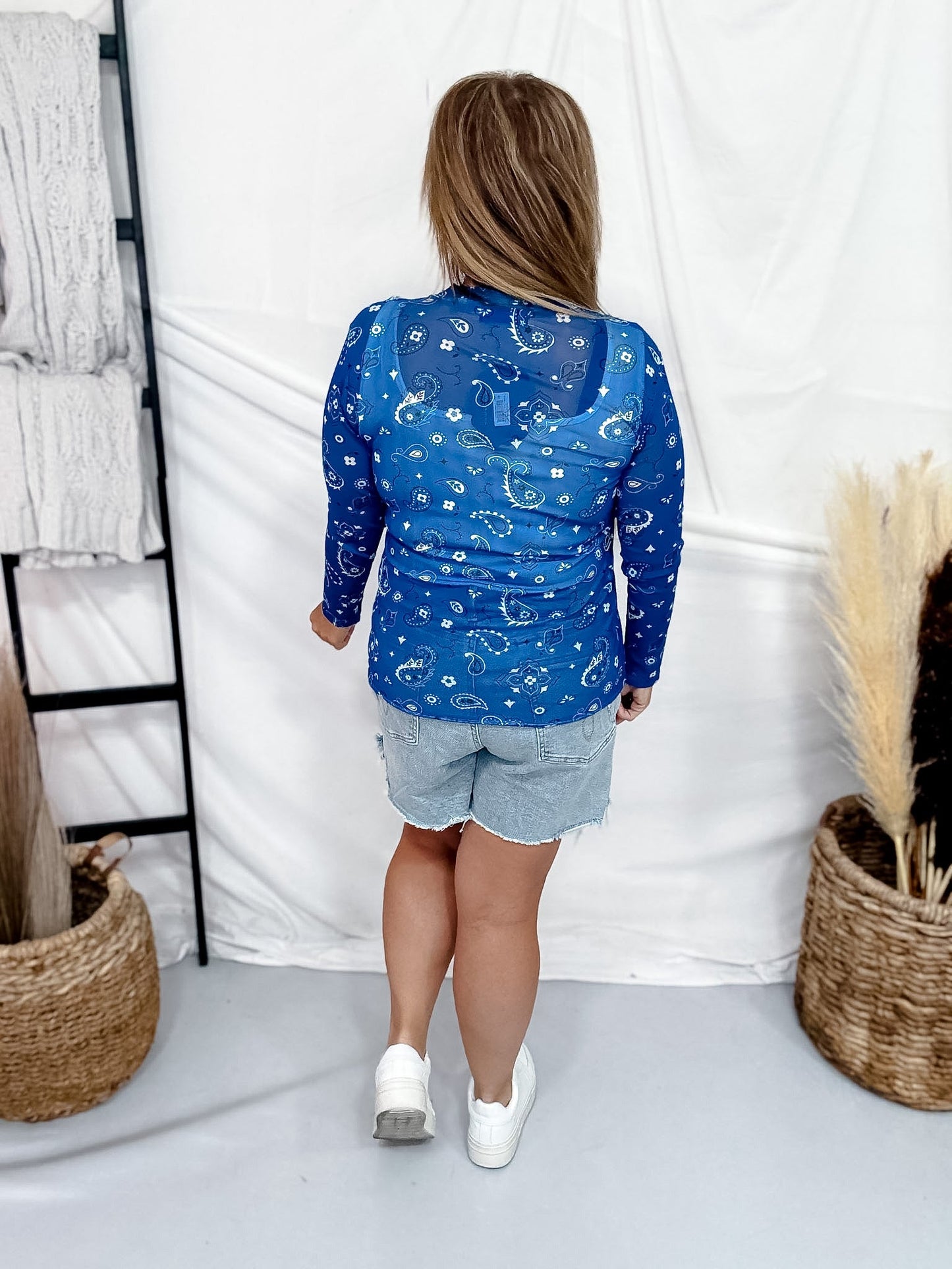 Blue Bandana Babe Long Sleeve Mesh Top - Whiskey Skies - STERLING KREEK