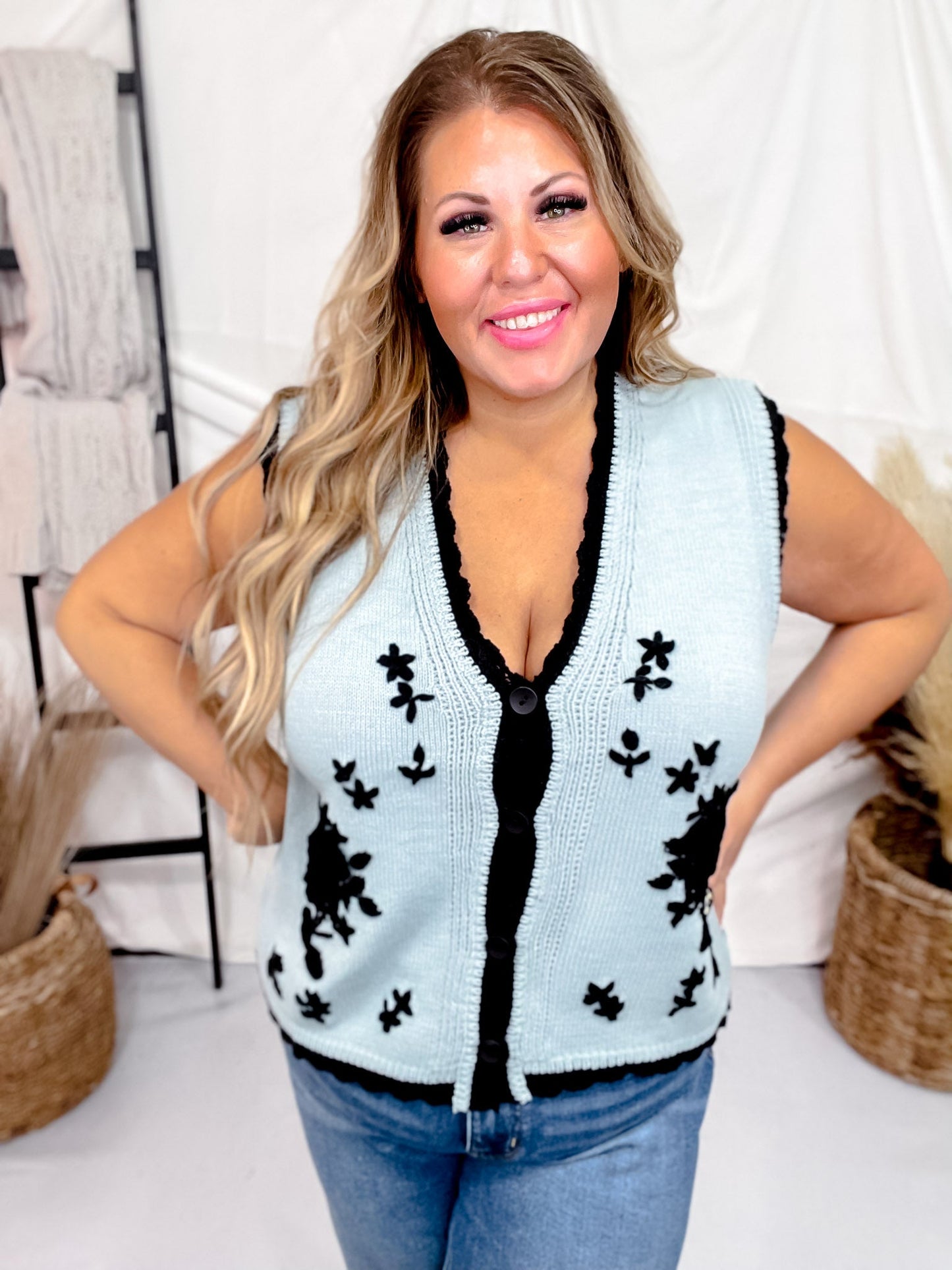 Blue & Black Antique Floral Embroidered Lace Sweater Knit Vest Top - Whiskey Skies - DAVI & DANI