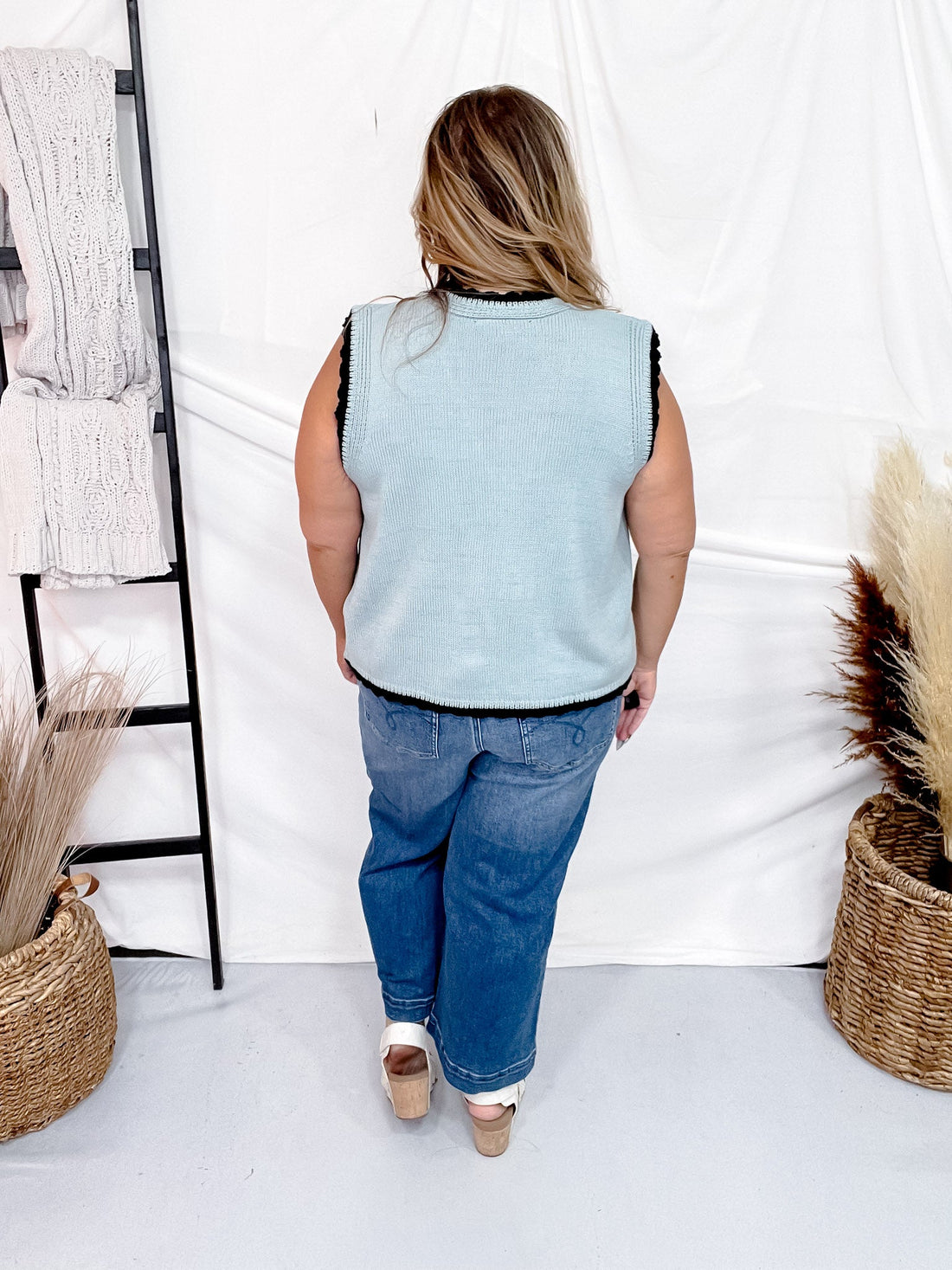Blue & Black Antique Floral Embroidered Lace Sweater Knit Vest Top - Whiskey Skies - DAVI & DANI