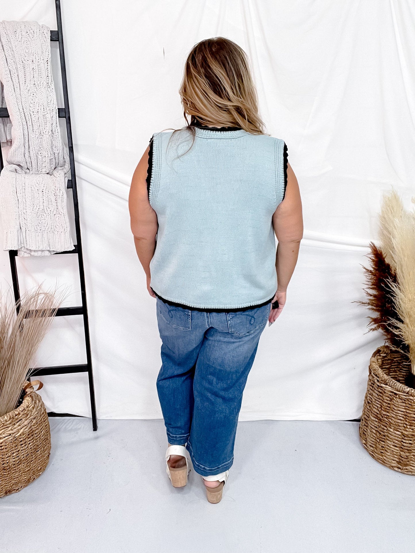Blue & Black Antique Floral Embroidered Lace Sweater Knit Vest Top - Whiskey Skies - DAVI & DANI