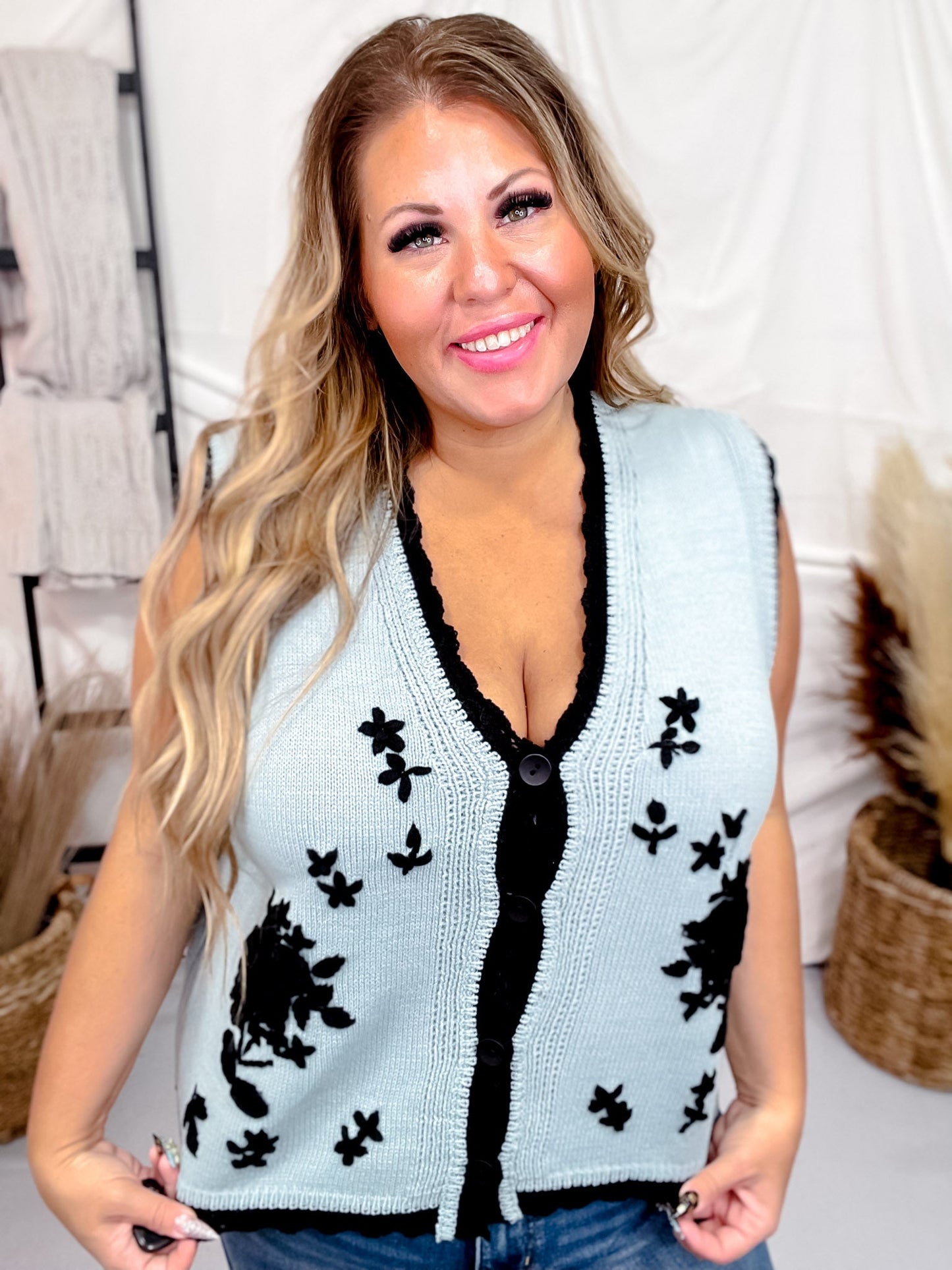 Blue & Black Antique Floral Embroidered Lace Sweater Knit Vest Top - Whiskey Skies - DAVI & DANI