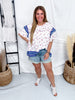 Blue Bordered Floral Print Top With Wing Sleeves - Whiskey Skies - EASEL