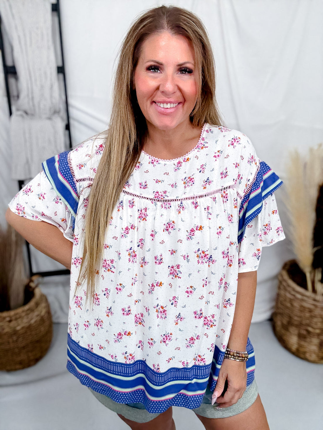 Blue Bordered Floral Print Top With Wing Sleeves - Whiskey Skies - EASEL