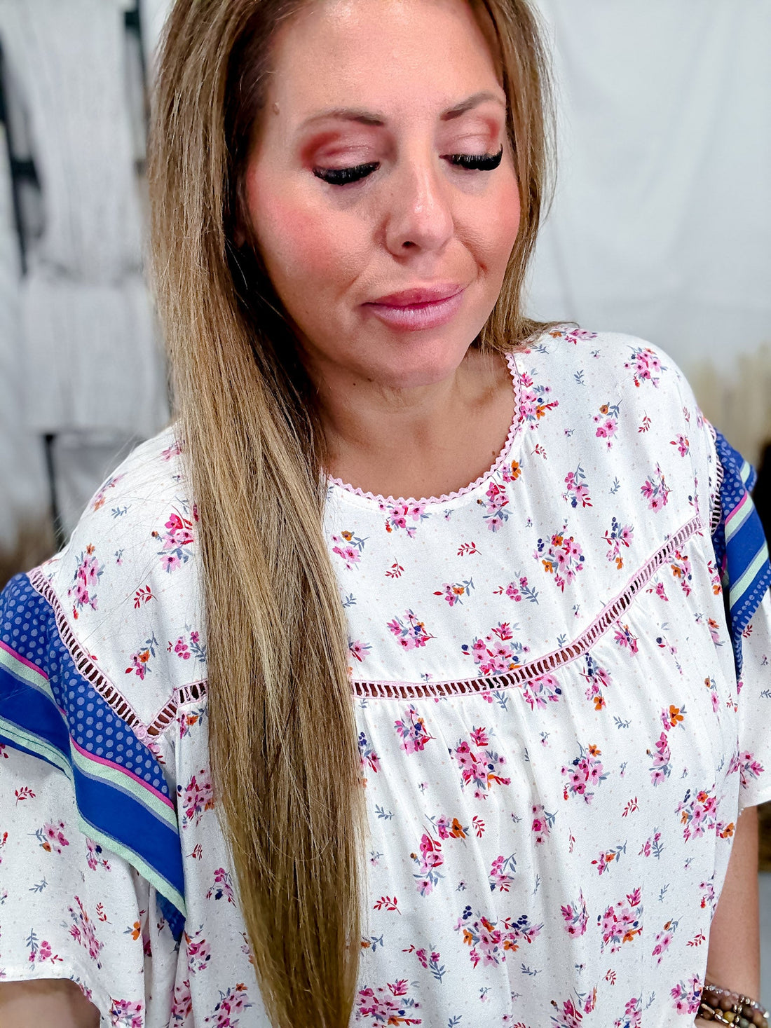 Blue Bordered Floral Print Top With Wing Sleeves - Whiskey Skies - EASEL