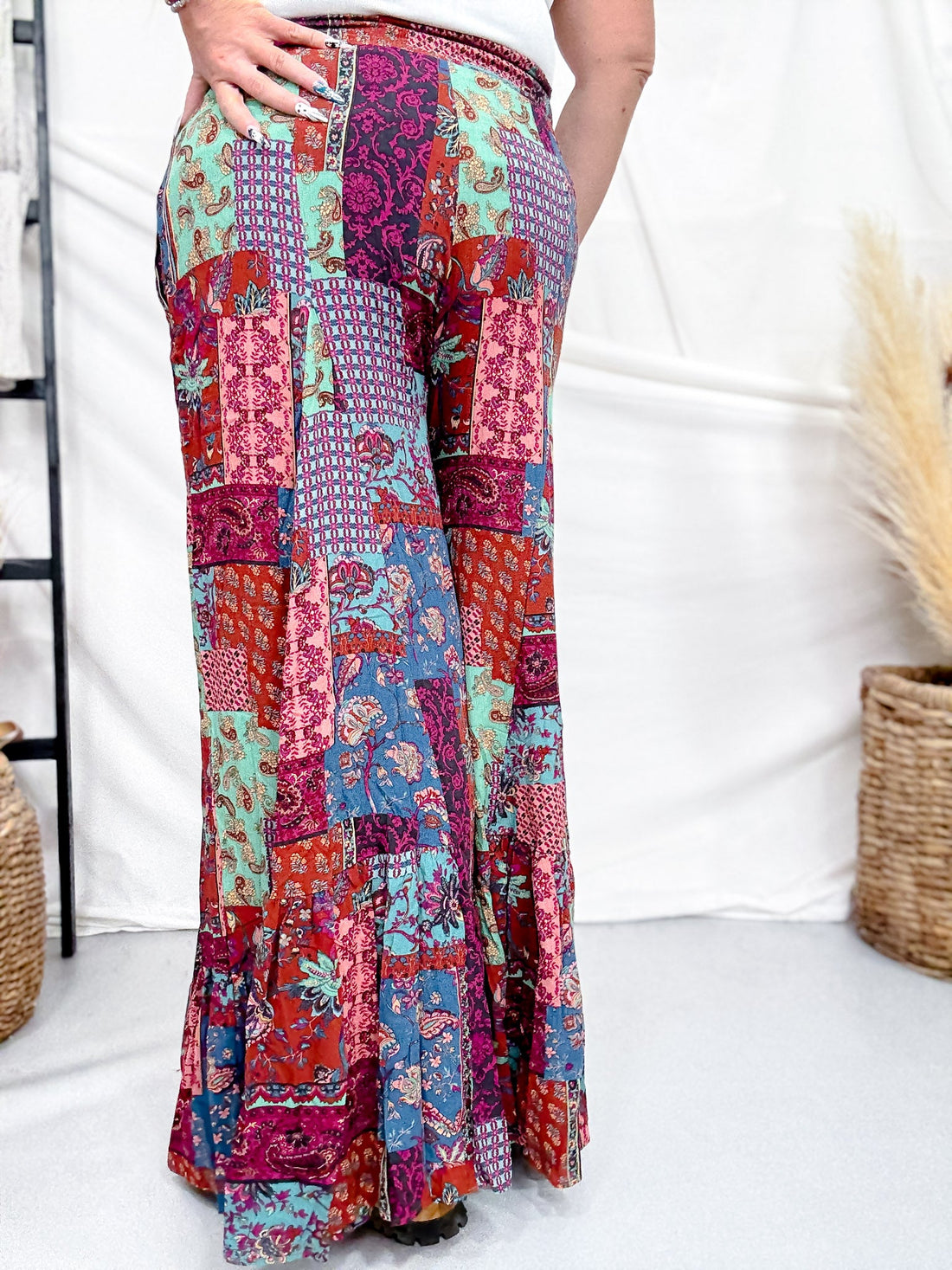 Blue & Brown Patchwork Palazzo Pants - Whiskey Skies - EASEL